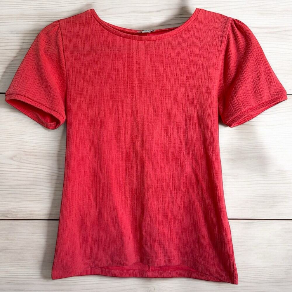 J. Crew Womens Top Sz S Coral Textured Puff‎ Sleeve Knit Short Sleeve AJ700